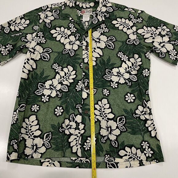Hilo Hattie Men’s Hawaiian Shirt Green White Hibiscus Print Button Up Size Large - Picture 4 of 6